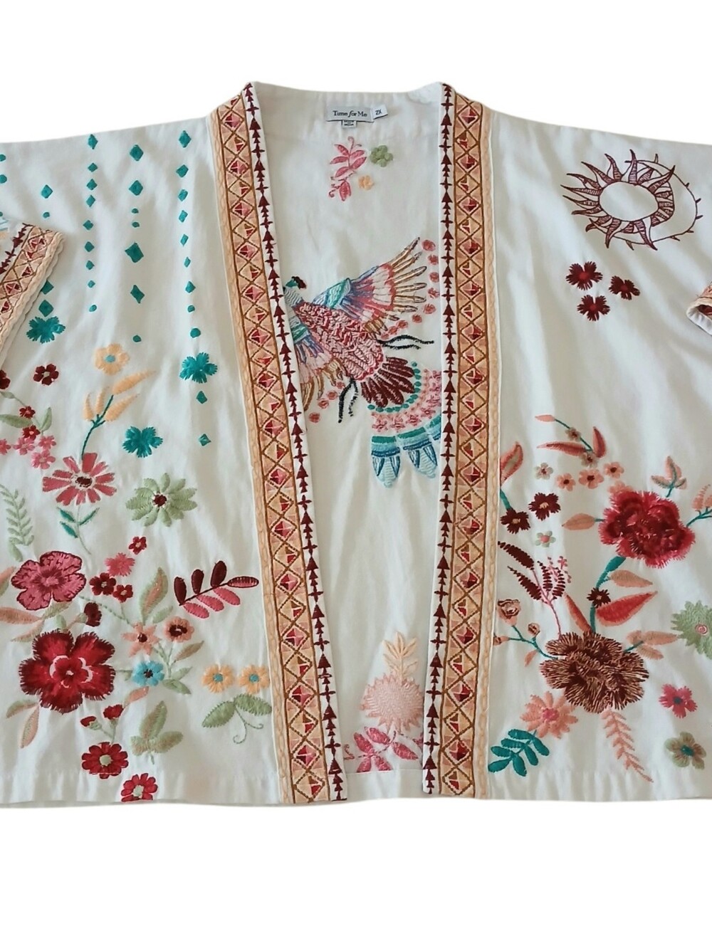 100% Cotton Embroidered Bird Flower Kimono Women's 2X Boxy Celestial India Open